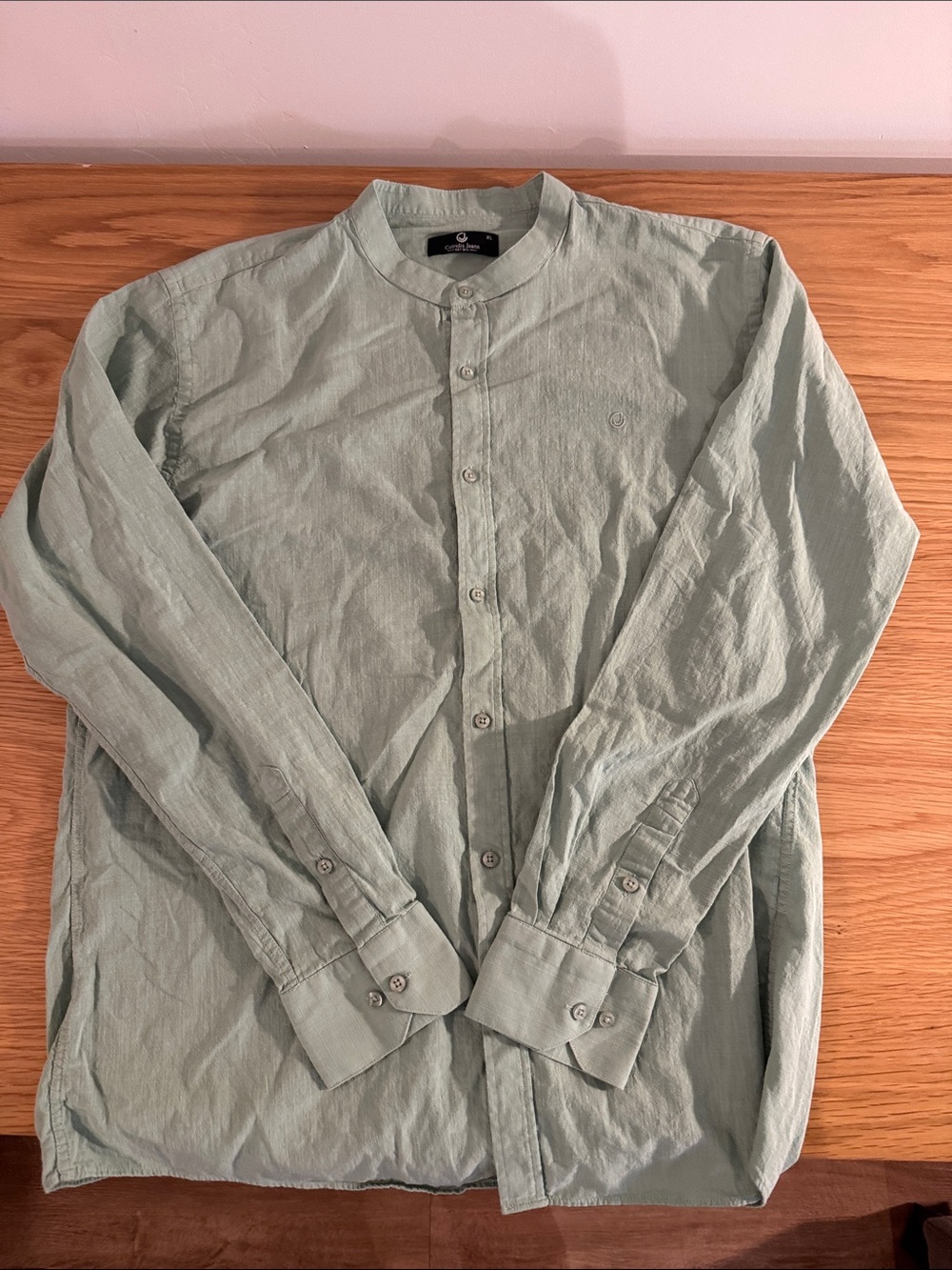 Men's Mandarin Collar Button-Down Linen Shirt — Sage Green